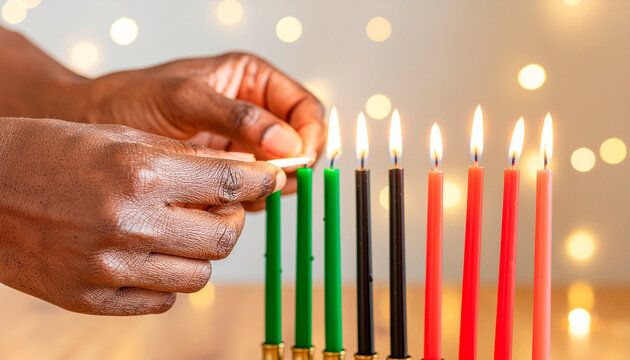 Close-up of hands lighting a green candle on a kinara with red, black, and green candles for Kwanzaa celebration.