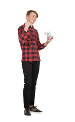Contented teenage guy video games player isolated on transparent background celebrates win as raise up fist while holding the console. Excited adolescent full length portrait, has fun in virtual world