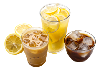 Refreshment trio of iced coffee, iced tea with lemon, and lemons served with ice for a cooling beverage experience in summer, perfect for menu or advertising