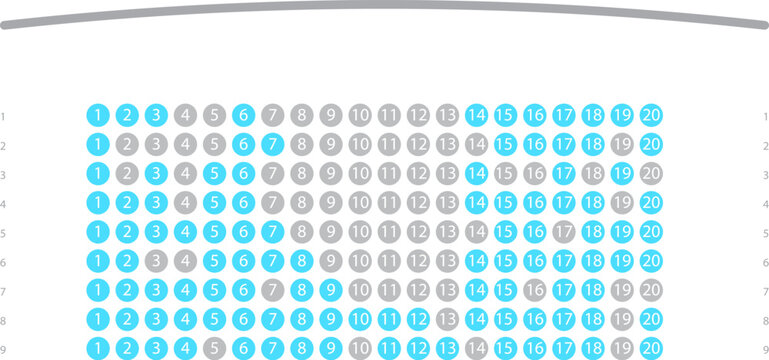 Cinema seat map for online booking with free and occupied places and screen arrangement. Simple vector scheme. Illustration for movie ticket reservation