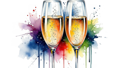 Celebration toast with champagne glasses and vibrant abstract paint splatter