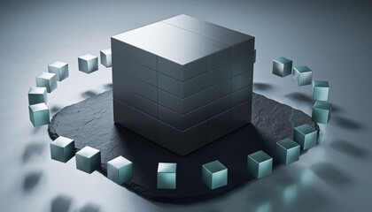Metal cube on stone base surrounded by small cubes