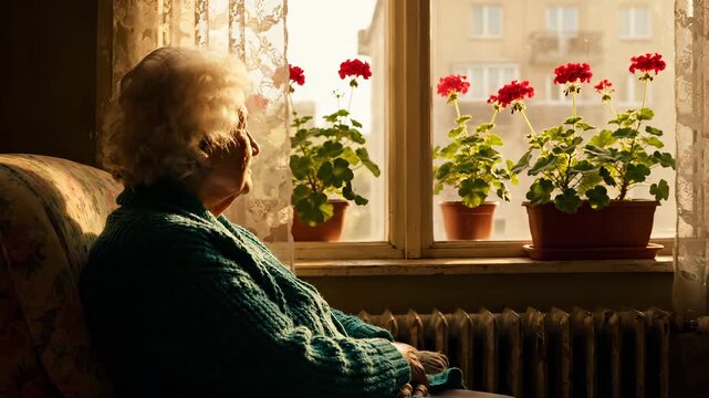 Elderly woman sits by window. Grandmother gazes at potted geranium plant on windowsill. She rests hand on chair while sunlight warms her face. Quiet solitude and reflective mood fill room softly.