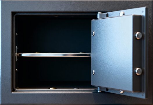 An open empty safe with a dark interior, featuring a cold metallic texture and visible shelf, captured in a close-up shot highlighting the sturdy construction and details of the safe