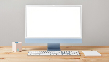Modern desktop computer with blank screen on wooden desk