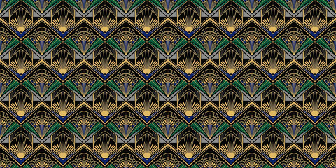 Elegant Art Deco seamless pattern with gold, green, and blue geometric shapes in a seamless symmetrical layout on a black background, evoking vintage luxury and sophistication