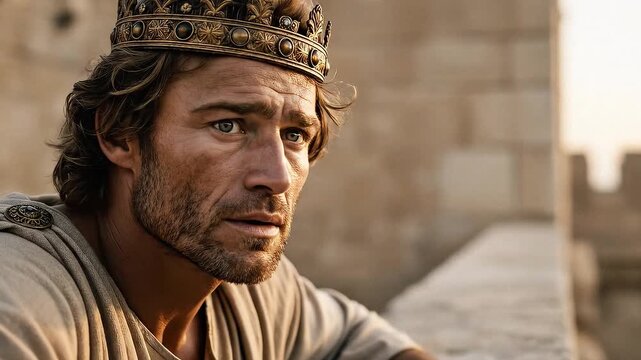 King David on his palace rooftop. A cinematic biblical scene of temptation, desire, and a fateful moment of contemplation.