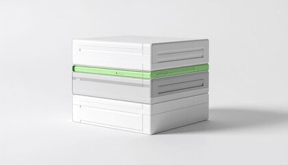 Stack of modern storage boxes with green accent