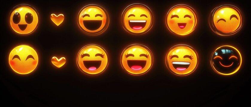 Glowing emoji set, laughter and hearts on black backdrop