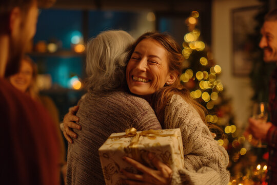 a group of friends hugging and exchanging gifts in the living room, with christmas decorations and warm lighting