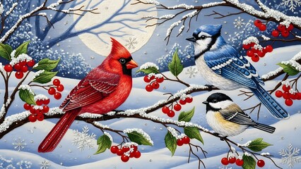Naklejka premium Winter birds cardinal blue jay and chickadee perched on snowy branches with red berries artwork scene