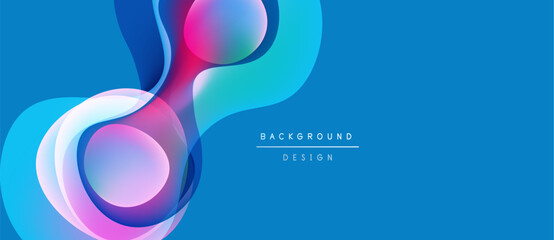 Abstract flowing shapes, vibrant colors, blue backdrop. Modern design element, dynamic composition, smooth gradients present.