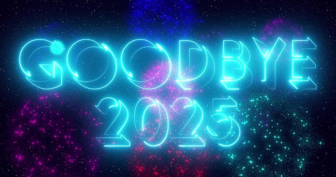 4K Goodbye 2025 welcome 2026 text cool neon animation for banner, social media, greeting card. Past year 2025 new year 2026 text animation with neon colorful fireworks. Easy to use in any video.