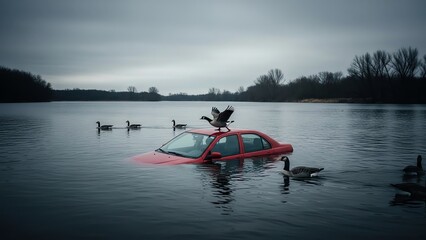 Red car in lake with geese and cloudy sky