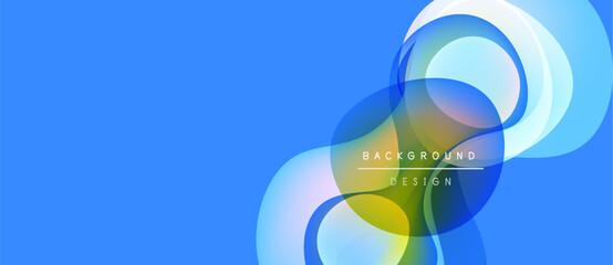 Abstract blue background features overlapping colorful curved shapes. Modern design elements create dynamic visual effect. Simple, clean aesthetic.
