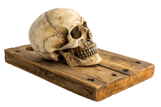 A weathered, aged human skull rests on a rustic wooden plank, evoking themes of mortality, history, and the passage of time, perfect for educational or symbolic projects.