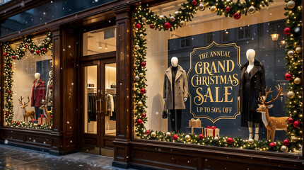 Christmas Storefront Window Display with Sale Signage &mdash; Festive Retail Holiday Photography