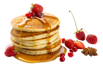 Delicious stack of fluffy golden pancakes drizzled with sweet maple syrup and garnished with fresh red strawberries and currants for breakfast menus and morning meal promotions