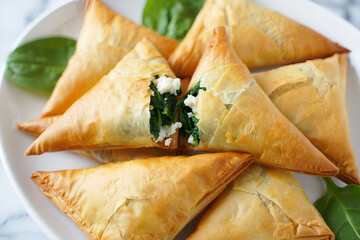 Close-up of freshly baked spinach and feta phyllo pastries, often called Spanakopita, served on a white plate with fresh spinach leaves.