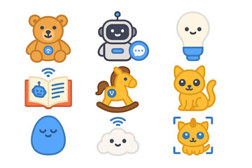 AI Childhood Friends Icons. Flat icon set of AI childhood friends: smart plush toy, storytelling bot, bedtime