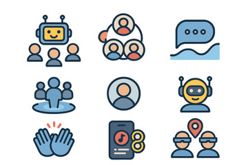 Social AI Icon Set. Flat icon set of Social AI companions: group chat bot, AI friend circle, message wave,