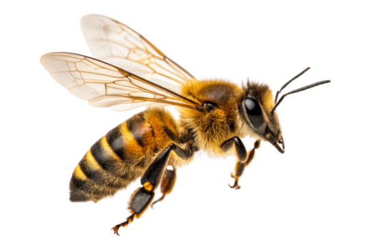 Extreme closeup side view of a fuzzy honeybee with translucent wings in flight, showcasing intricate details for entomological studies or natural history projects