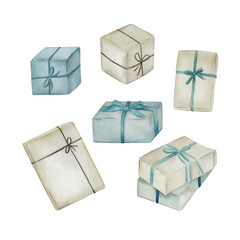 Watercolor Christmas set with  greeting boxes. Hand drawn illustration on white background