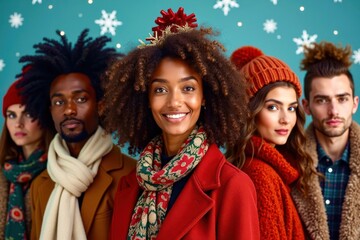 A group of women wearing red and green clothing are smiling for the camera