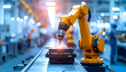 Yellow robotic arm hovers over a conveyor belt in a bright blue and white industrial setting