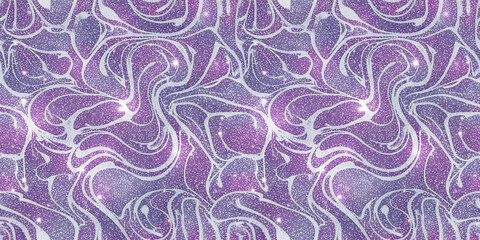 Seamless pattern. Abstract glitter swirl pattern in silver and purple tones with a cosmic, starry texture on a seamless background. Concept of dreamy, elegant decoration