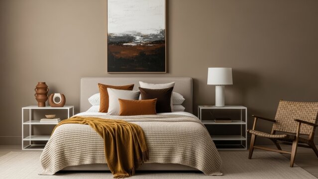 Cozy Modern Bedroom with Earthy Tones and Abstract Art - Powered by Adobe