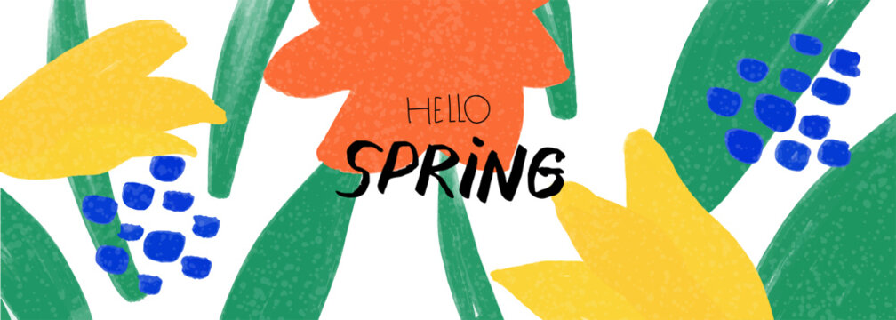 Hello Spring banner. Horizontal greeting card with flowers. Hand drawn simple tulips, leaves. Background for Mothers day, Easter
