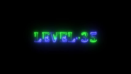 Level -35 blue and green neon bright text font colorful motion animation. Ideal for futuristic game intros animation. Neon level 35 up sing on black background. - Powered by Adobe