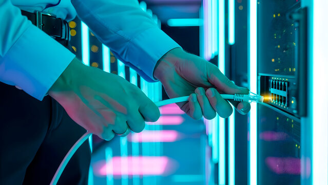 IT specialist connecting network cable in server room. Man installs ethernet cord in data center. Technician working with computer network equipment.