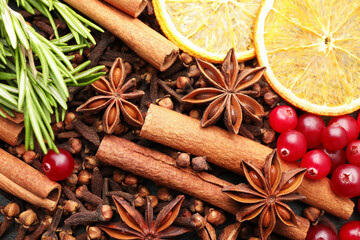 Different spices, fresh rosemary, cranberries and dry orange slices for mulled wine as background, top view