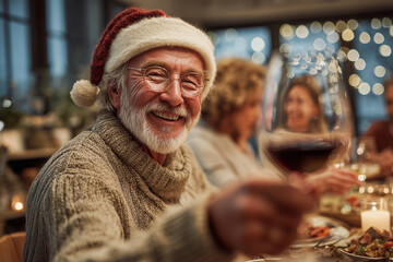 elderly man wearing a santa hat at a family christmas dinner, toasting with a wine glass in his hands near a christmas tree and people talking and smiling.