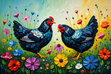 Fototapeta premium Chickens in a Meadow