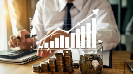 Financial Growth: A focused professional meticulously analyzes financial data, with stacks of coins and a rising graph symbolizing investment success and economic advancement. - Powered by Adobe