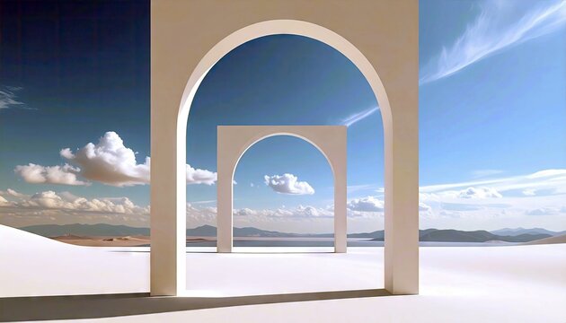 Architectural arches frame a serene landscape with a blue sky, fluffy clouds, and a distant body of water, creating a tranquil and minimalist scene.