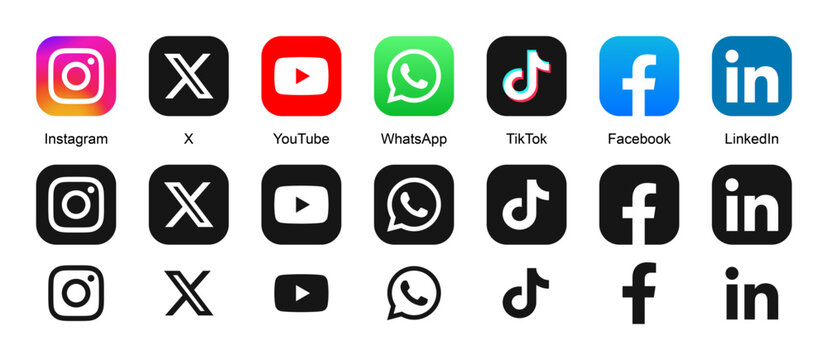 Social media icon logo vector set. Instagram, X, facebook, tiktok app. Popular social media icons button fit for web, mobile app