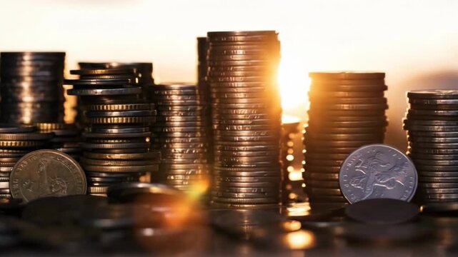 Rising Coin Towers: Golden coins are meticulously stacked, representing wealth, investment, and financial growth, catching the warm rays of the sun, casting a glow over the economic landscape.