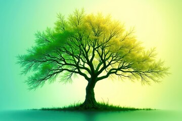 A tree is the main focus of this image, standing tall and green in a field