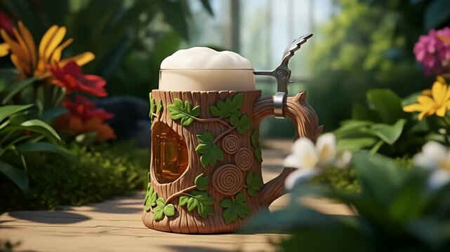 A rustic beer stein, crafted to resemble a tree trunk with intricate leaf details, stands on a wooden surface amidst a vibrant, lush garden filled with colorful flowers and verdant foliage.