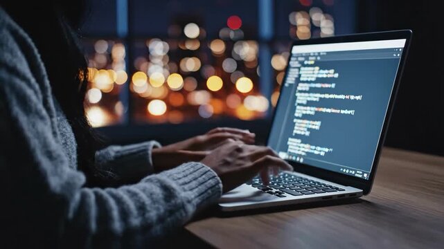 Code Craft in the Evening: A skilled person meticulously writes code on a modern laptop, immersed in the digital world, illuminated by the soft glow of the screen and a backdrop of city lights.