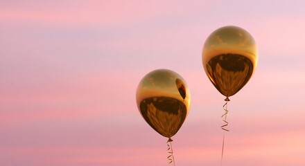 Celebrate success with shimmering golden balloons floating against a dreamy pink sunset sky, perfect for birthdays, anniversaries, or special occasions