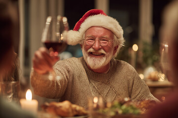 elderly man wearing a santa hat at a family christmas dinner, toasting with a wine glass in his hands near a christmas tree and people talking and smiling.