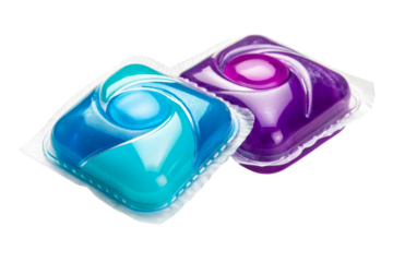 Two colorful dishwasher detergent pods with swirling textures and gel cores for effective dishwashing, perfect for household cleaning product promotions and visual content.