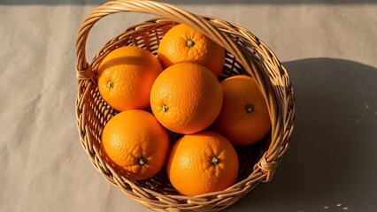 Fresh vibrant oranges in a rustic woven basket, illuminated by natural light