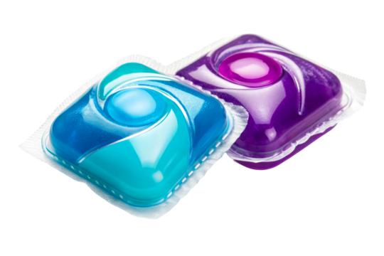 Two colorful dishwasher detergent pods with swirling textures and gel cores for effective dishwashing, perfect for household cleaning product promotions and visual content.