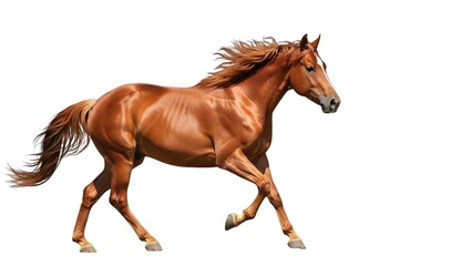 Naklejka premium Beautiful chestnut horse running isolated on white background with flowing mane and tail